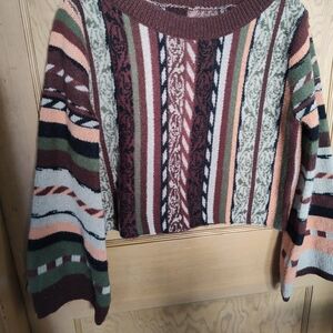 ROMWE Earthy Tones Striped Crop Sweater With Belled Sleeves.